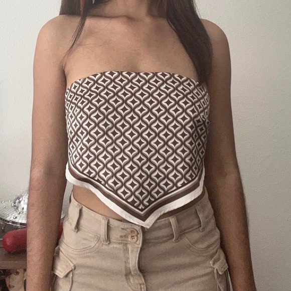 Garage Tops - Garage Brown Pattern Scarf Top Retro Print Tie Back Tube Top Small